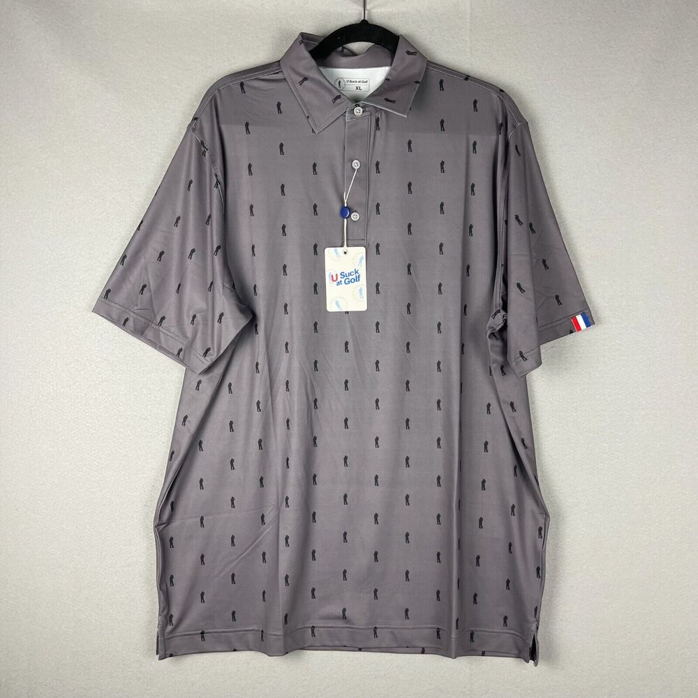 USAG U Suck At Golf Polo Shirt Mens XL‎ Gray Allover Print Performance Stretchy